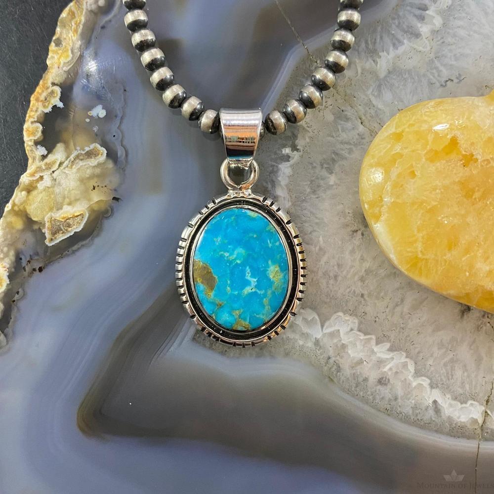 Native American Sterling Silver Blue Ridge Turquoise Oval Pendant For Women - Picture 6 of 10